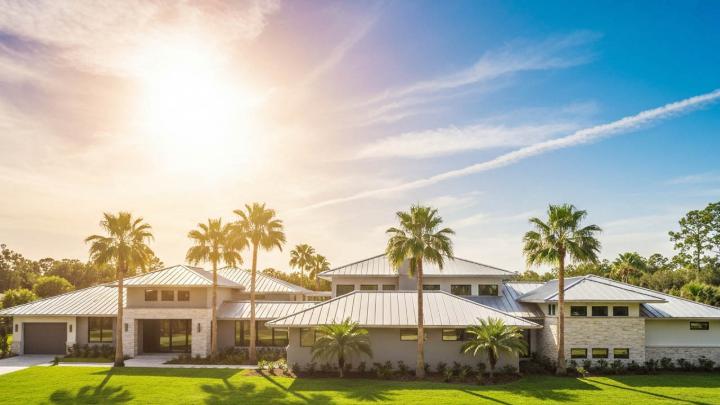 Modern house with two metal roof types